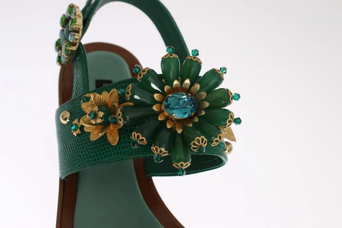Green Leather Crystal Sandal Shoes