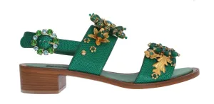 Green Leather Crystal Sandal Shoes