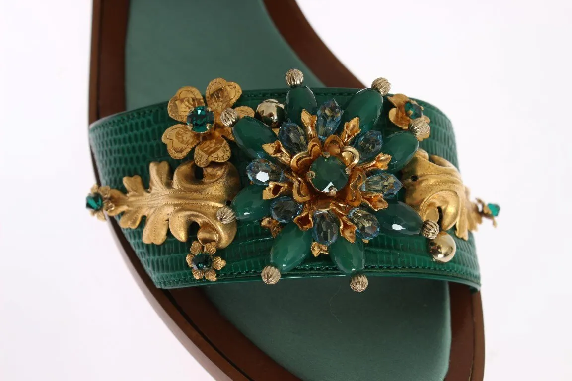 Green Leather Crystal Sandal Shoes