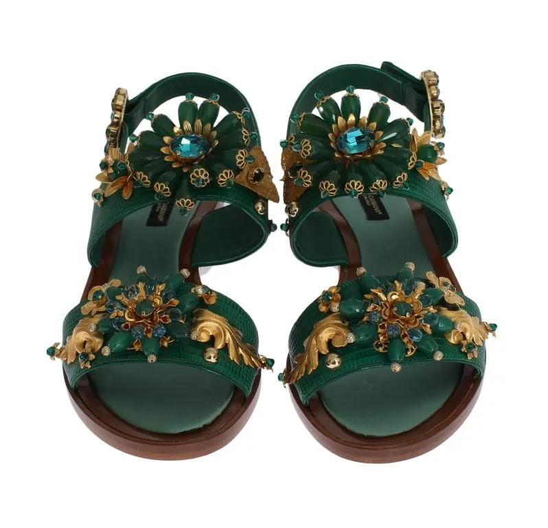 Green Leather Crystal Sandal Shoes