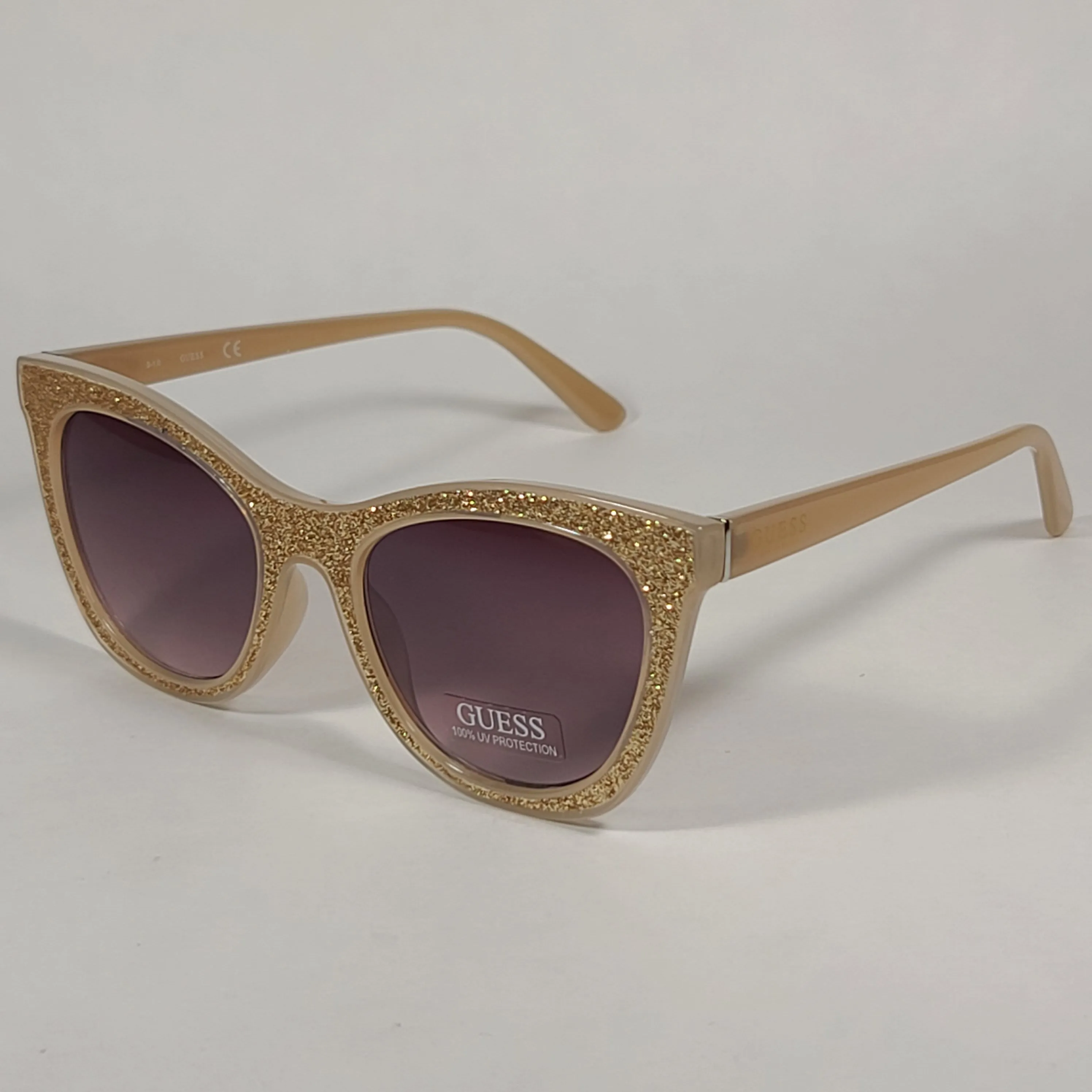 Guess Cat Eye Sunglasses Nude Frame Gold Glitter Tan Gradient Lens GF0358 45F