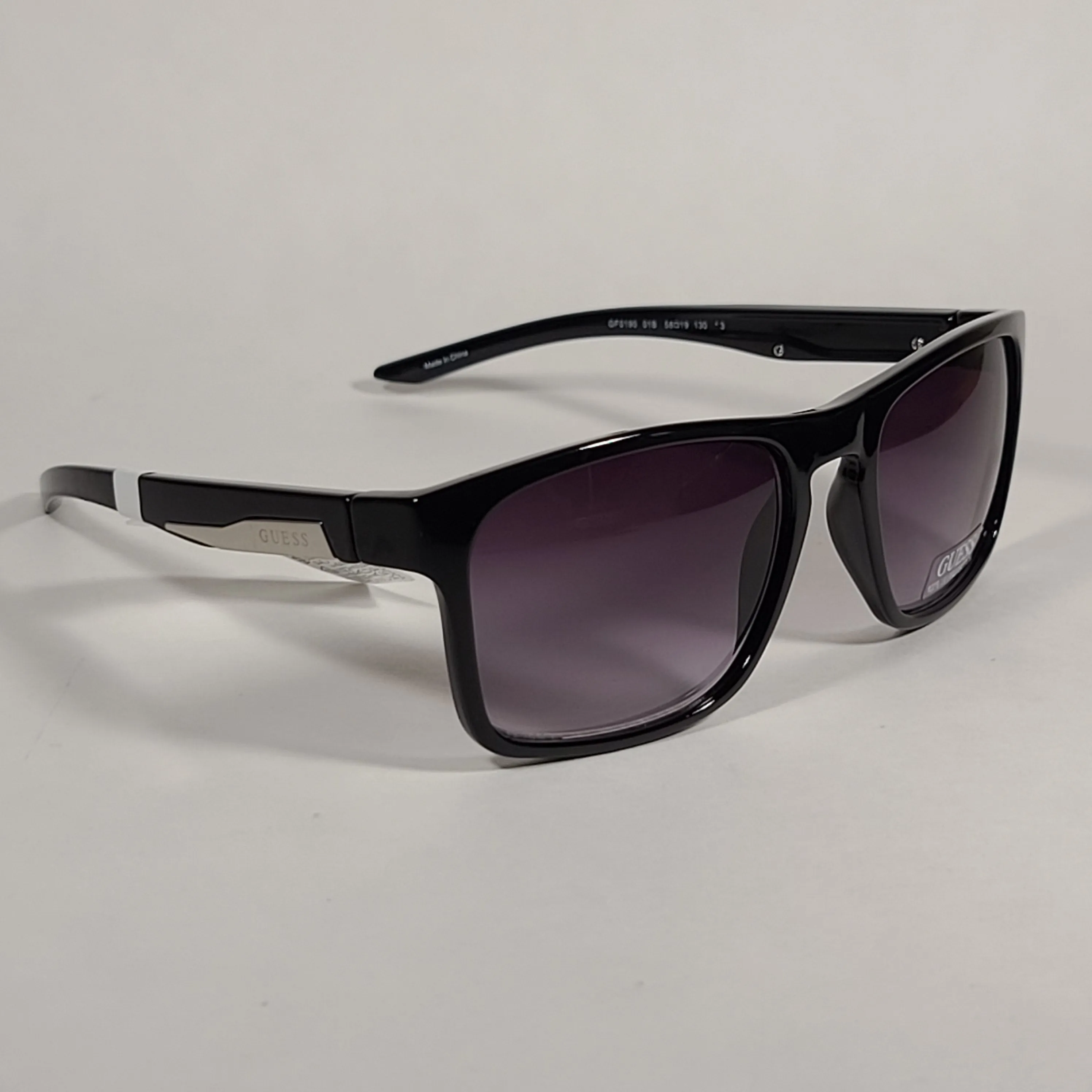 Guess Rectangular Sunglasses Shiny Black Frame Gray Smoke Gradient Lens GF0190 01B