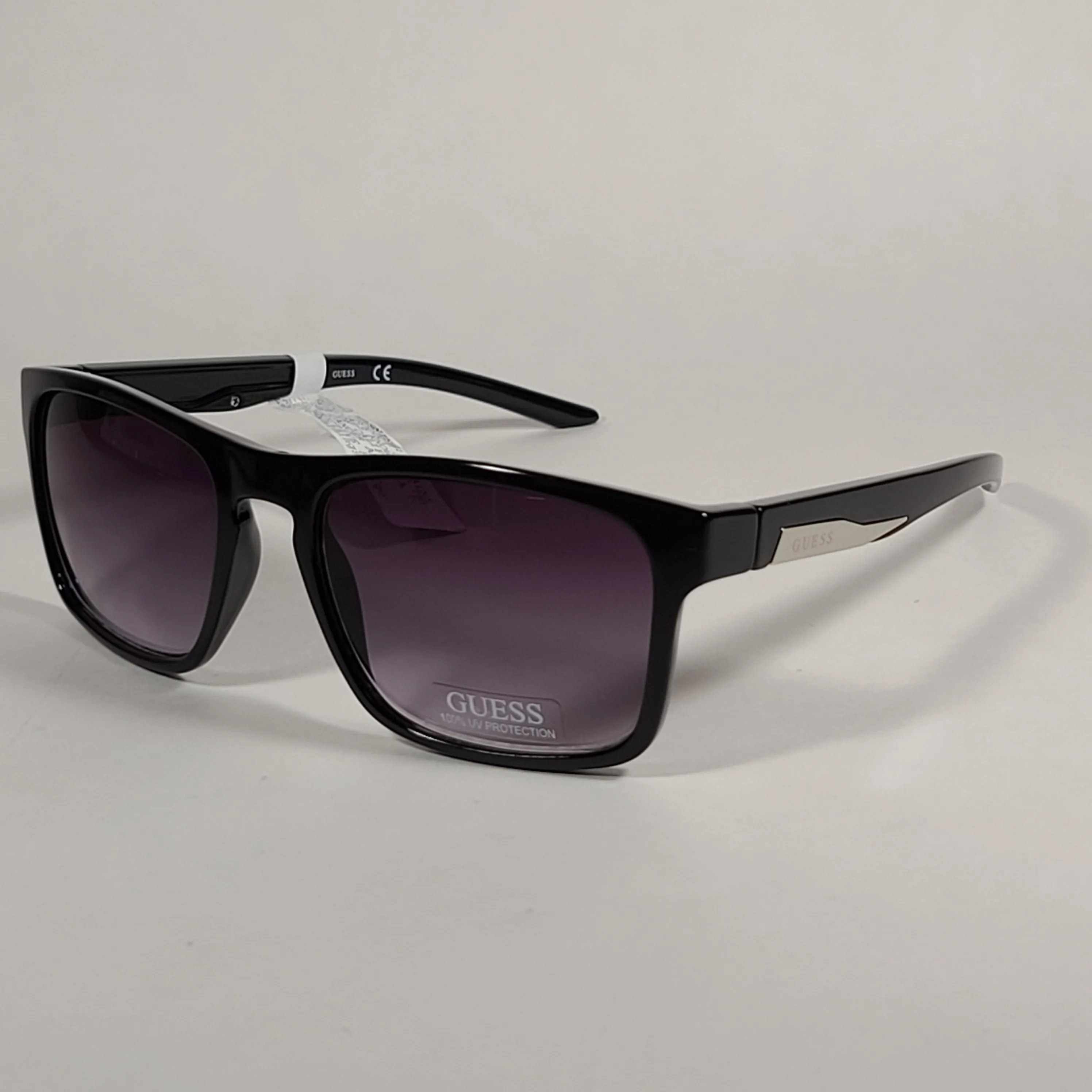 Guess Rectangular Sunglasses Shiny Black Frame Gray Smoke Gradient Lens GF0190 01B