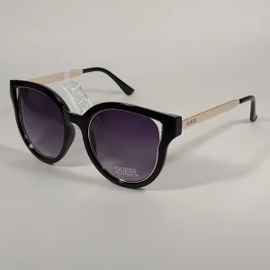 Guess Round Cat Eye Sunglasses Shiny Black And Gold Frame Smoke Gradient Lens GF0323 01B