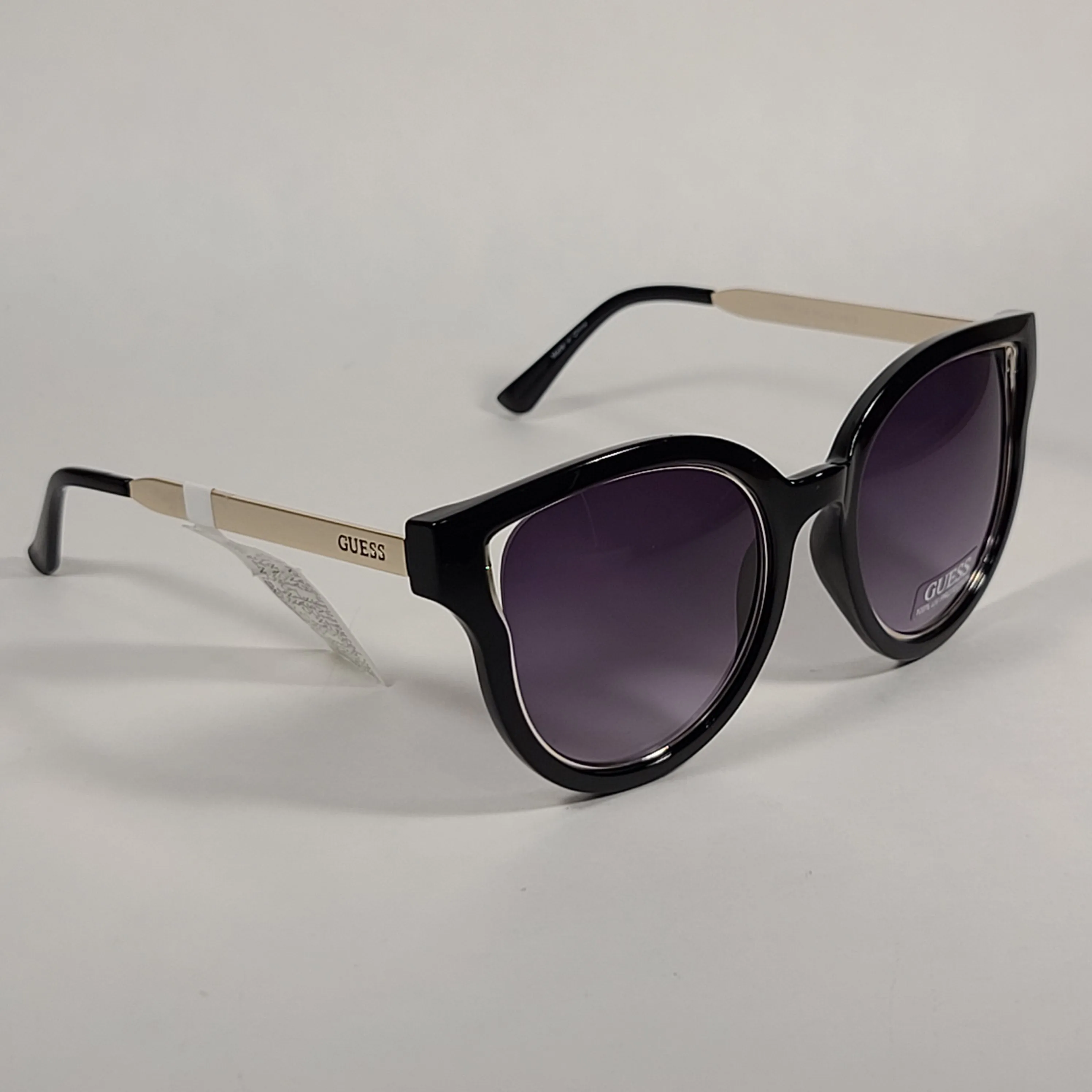 Guess Round Cat Eye Sunglasses Shiny Black And Gold Frame Smoke Gradient Lens GF0323 01B