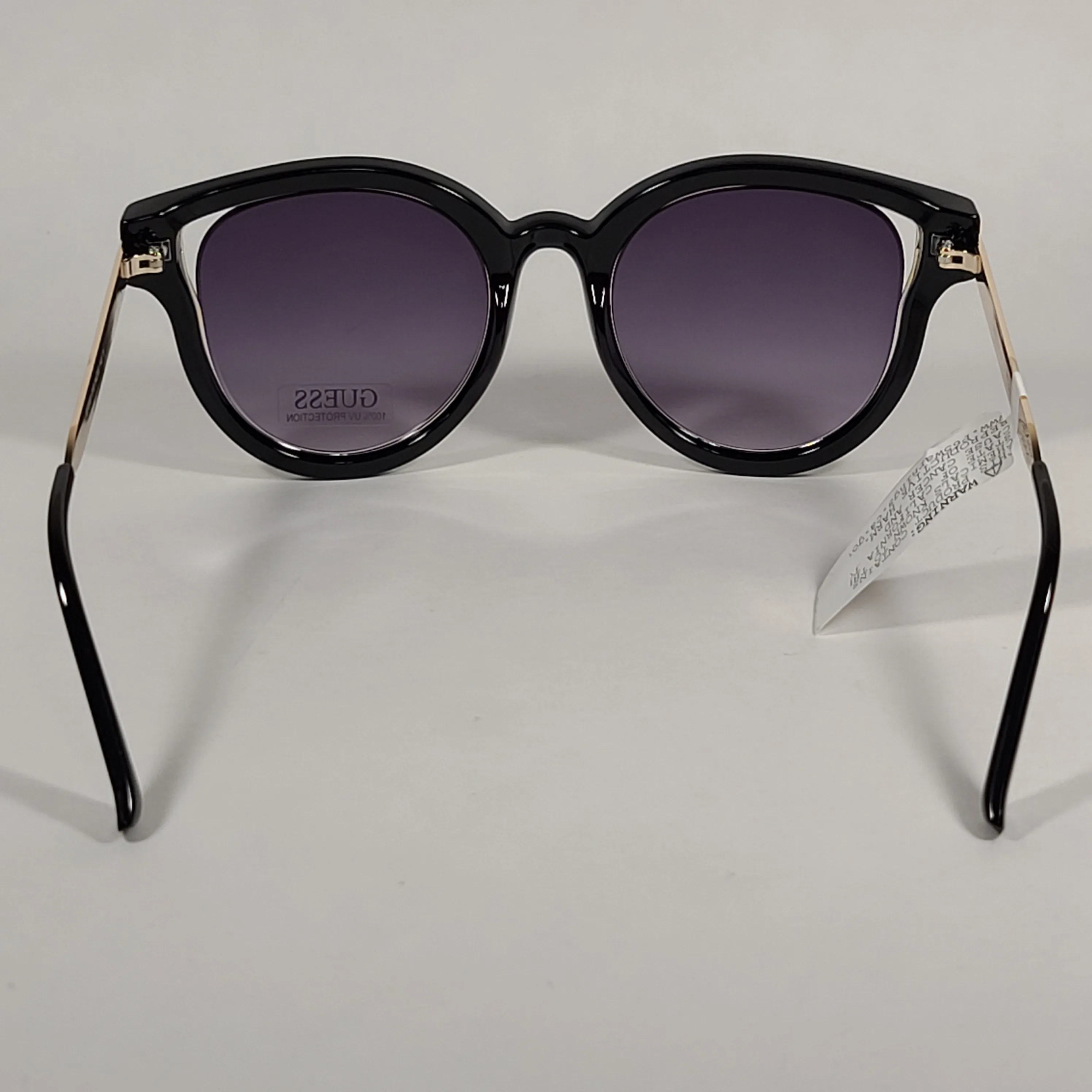 Guess Round Cat Eye Sunglasses Shiny Black And Gold Frame Smoke Gradient Lens GF0323 01B