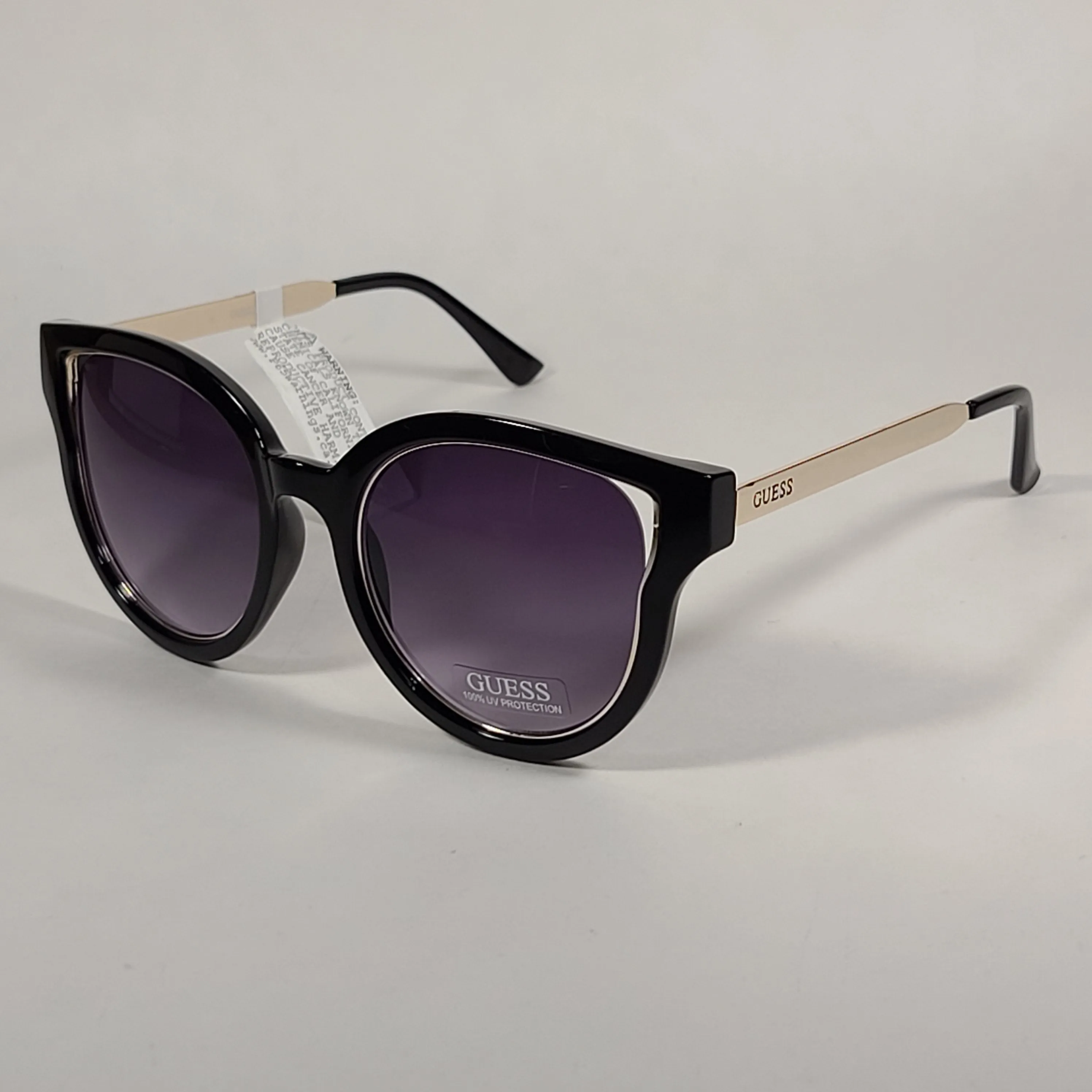 Guess Round Cat Eye Sunglasses Shiny Black And Gold Frame Smoke Gradient Lens GF0323 01B