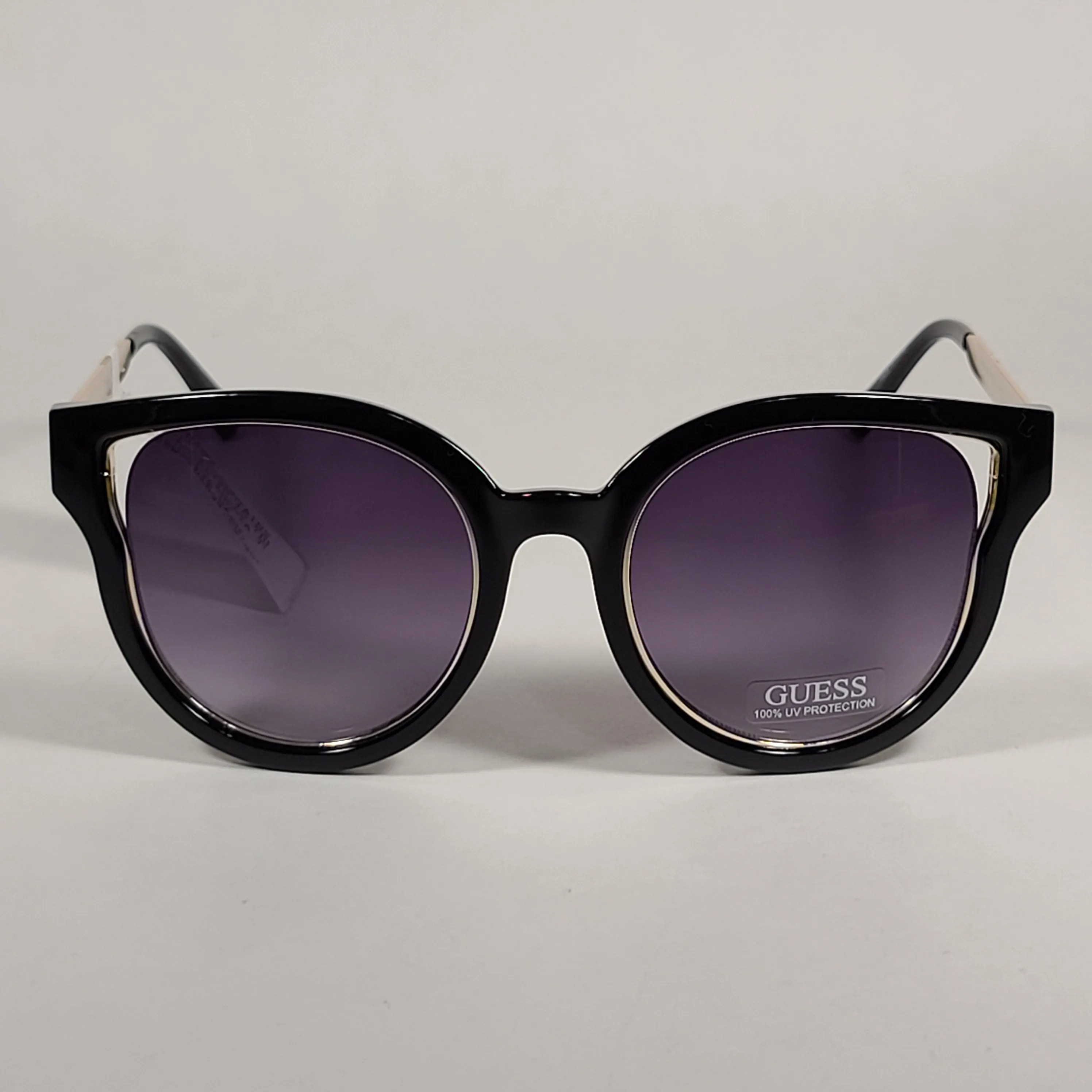 Guess Round Cat Eye Sunglasses Shiny Black And Gold Frame Smoke Gradient Lens GF0323 01B