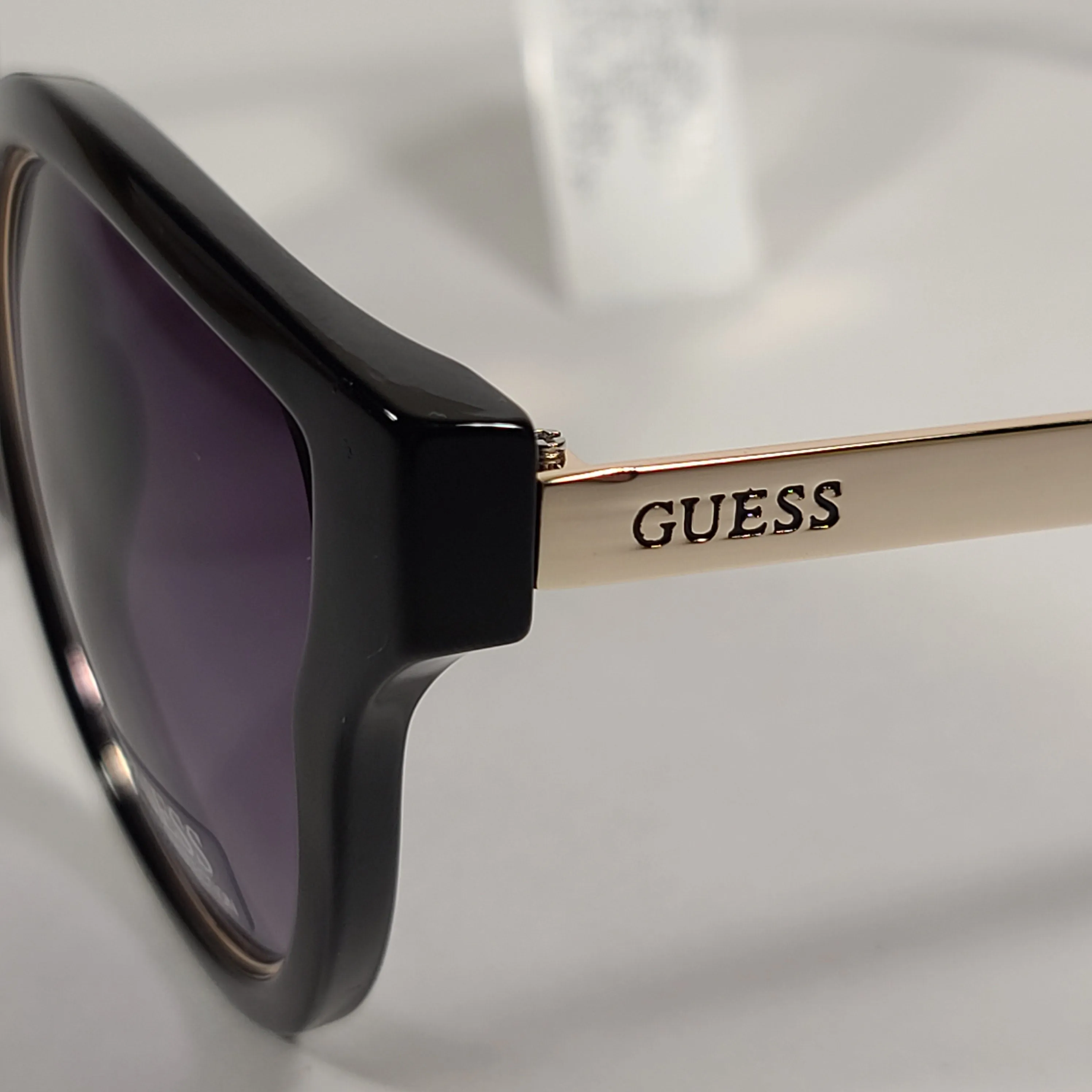 Guess Round Cat Eye Sunglasses Shiny Black And Gold Frame Smoke Gradient Lens GF0323 01B