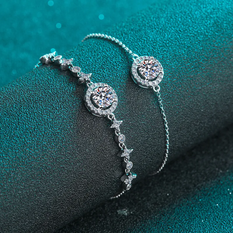 Halo Round Cut Moissanite Diamond Bracelet with Adjustable Size