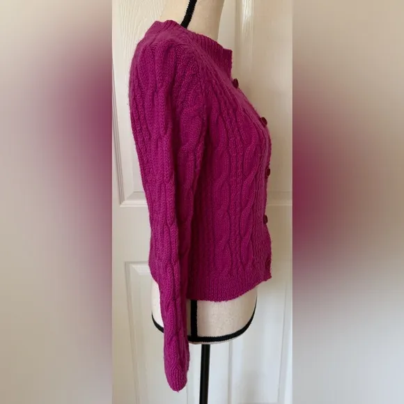 Hand Knit 🧶 Wool Cardigan Sweater Fuchsia Magenta Pink S