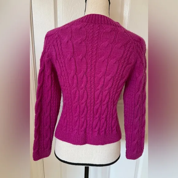 Hand Knit 🧶 Wool Cardigan Sweater Fuchsia Magenta Pink S