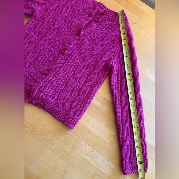 Hand Knit 🧶 Wool Cardigan Sweater Fuchsia Magenta Pink S