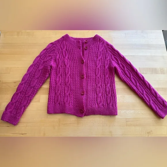 Hand Knit 🧶 Wool Cardigan Sweater Fuchsia Magenta Pink S