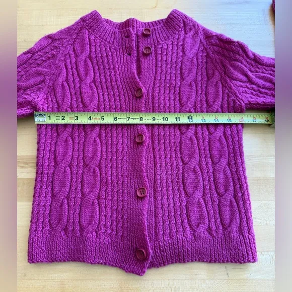Hand Knit 🧶 Wool Cardigan Sweater Fuchsia Magenta Pink S