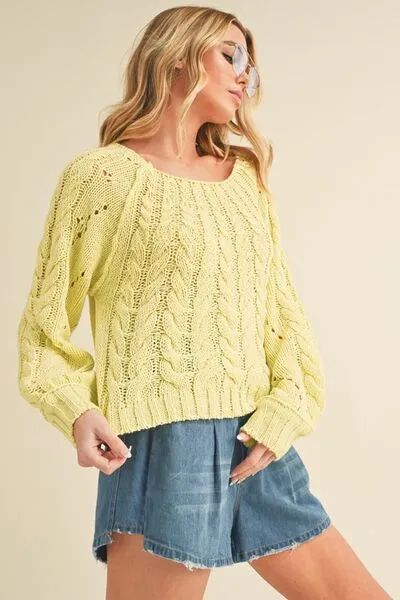 Hazel Blues® |  Aemi   Co Cable-Knit Openwork Round Neck Sweater