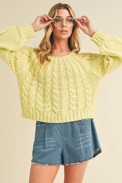 Hazel Blues® |  Aemi   Co Cable-Knit Openwork Round Neck Sweater