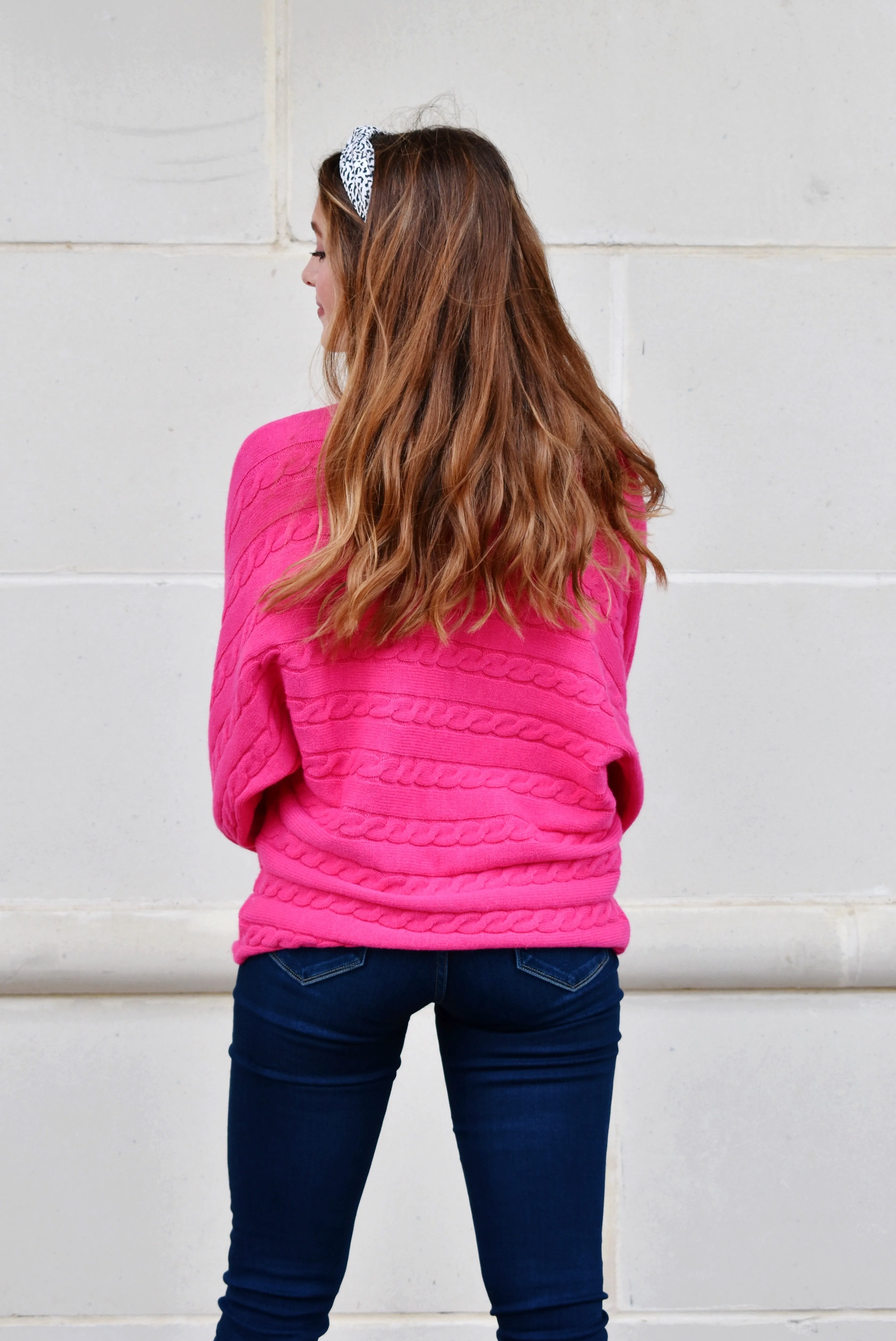 Hot Pink Cable Knit Detail Dolman Sweater
