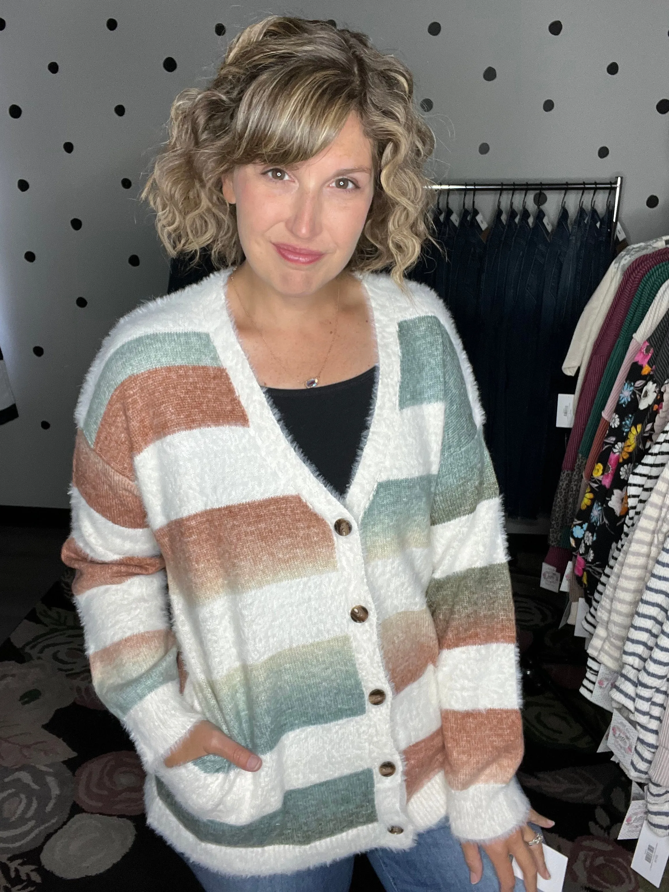 Ivory Striped Fuzzy Cardigan