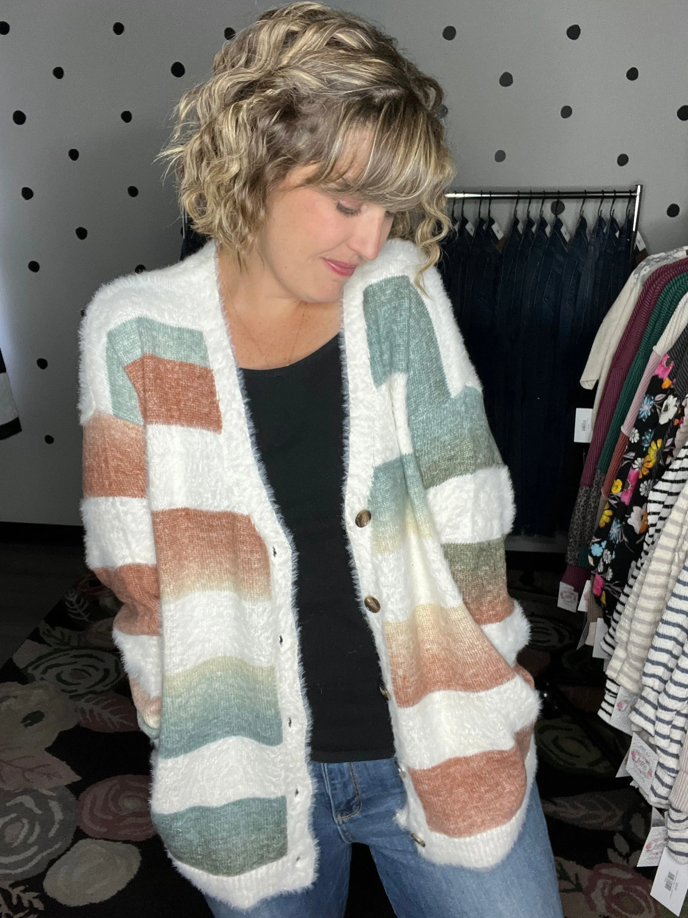 Ivory Striped Fuzzy Cardigan