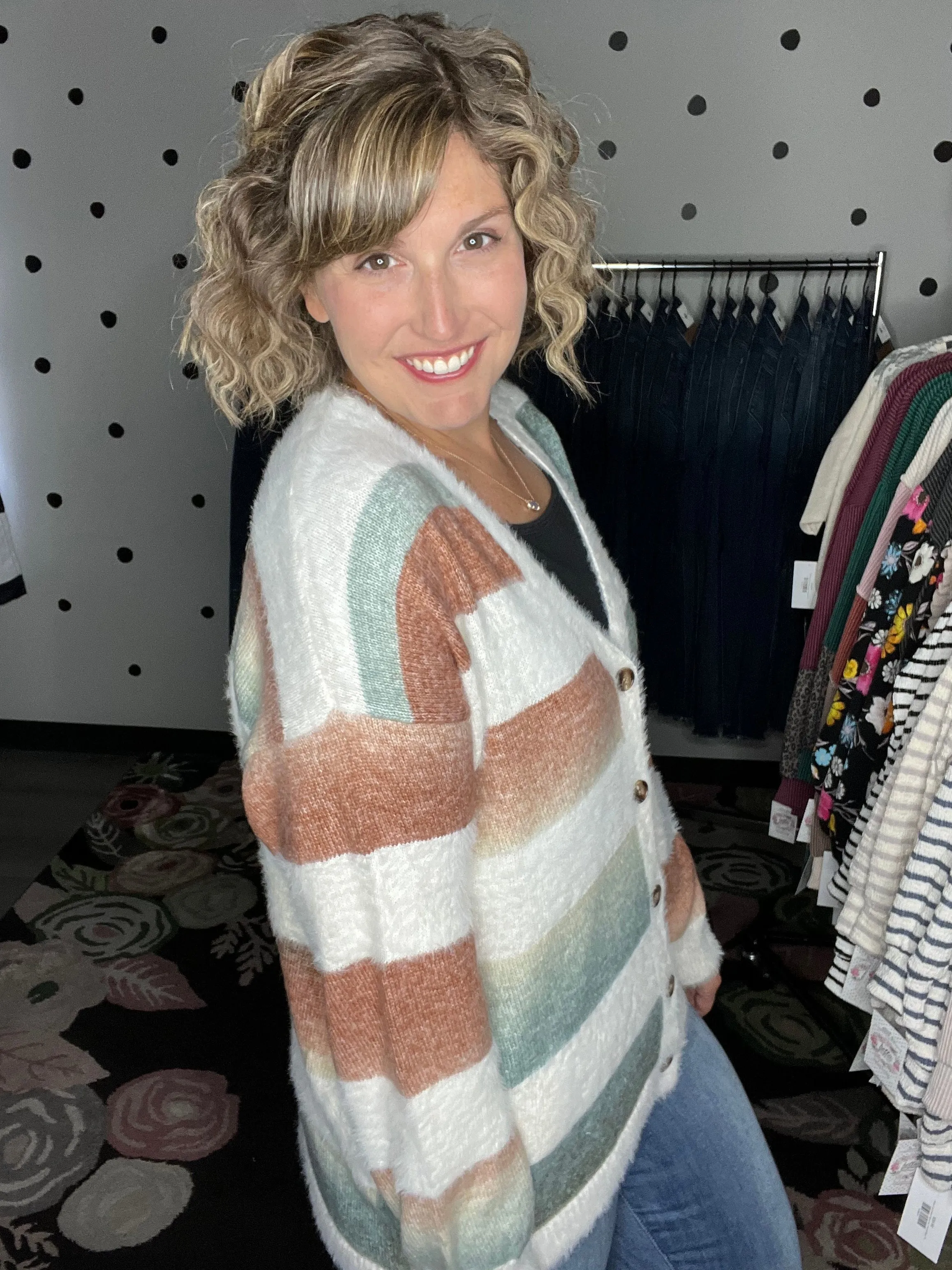 Ivory Striped Fuzzy Cardigan