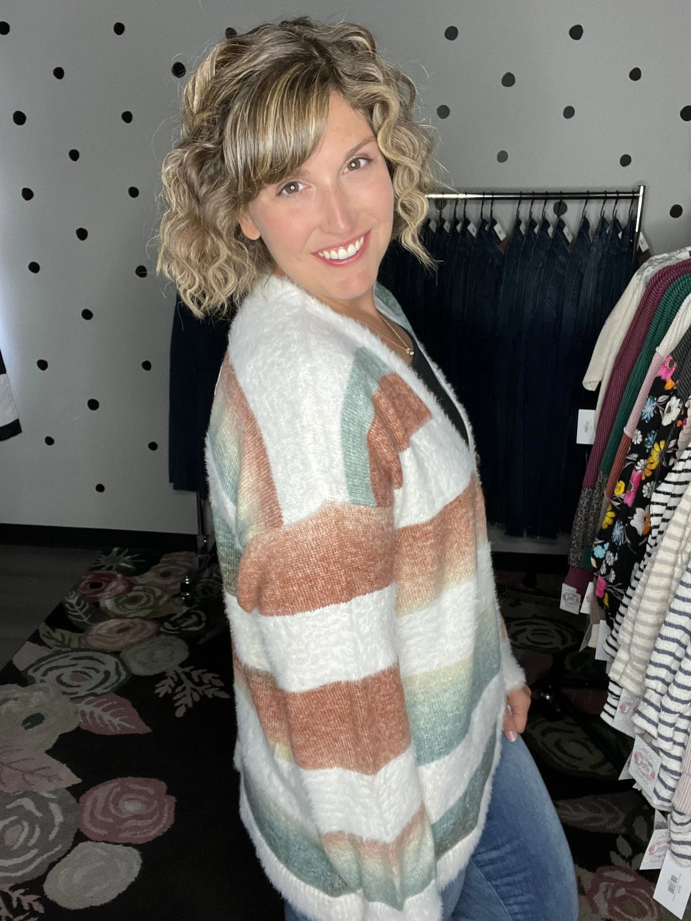 Ivory Striped Fuzzy Cardigan