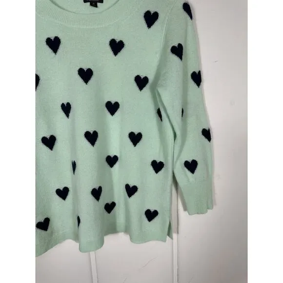 J. Crew Everyday Cashmere Crewneck Sweater Intarsia-Knit Hearts Seaside Aqua- M