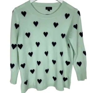 J. Crew Everyday Cashmere Crewneck Sweater Intarsia-Knit Hearts Seaside Aqua- M