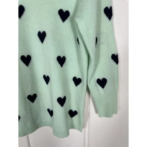J. Crew Everyday Cashmere Crewneck Sweater Intarsia-Knit Hearts Seaside Aqua- M