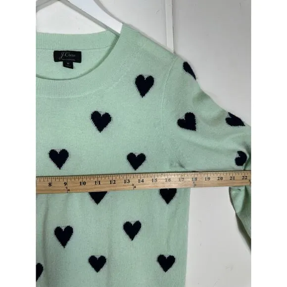 J. Crew Everyday Cashmere Crewneck Sweater Intarsia-Knit Hearts Seaside Aqua- M