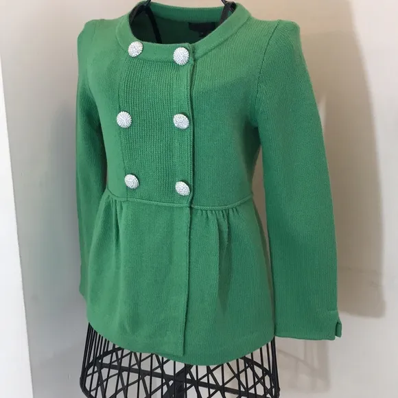 J.Crew Collection Green CashmereBlend Double Breasted Sweater Rhinestone Buttons