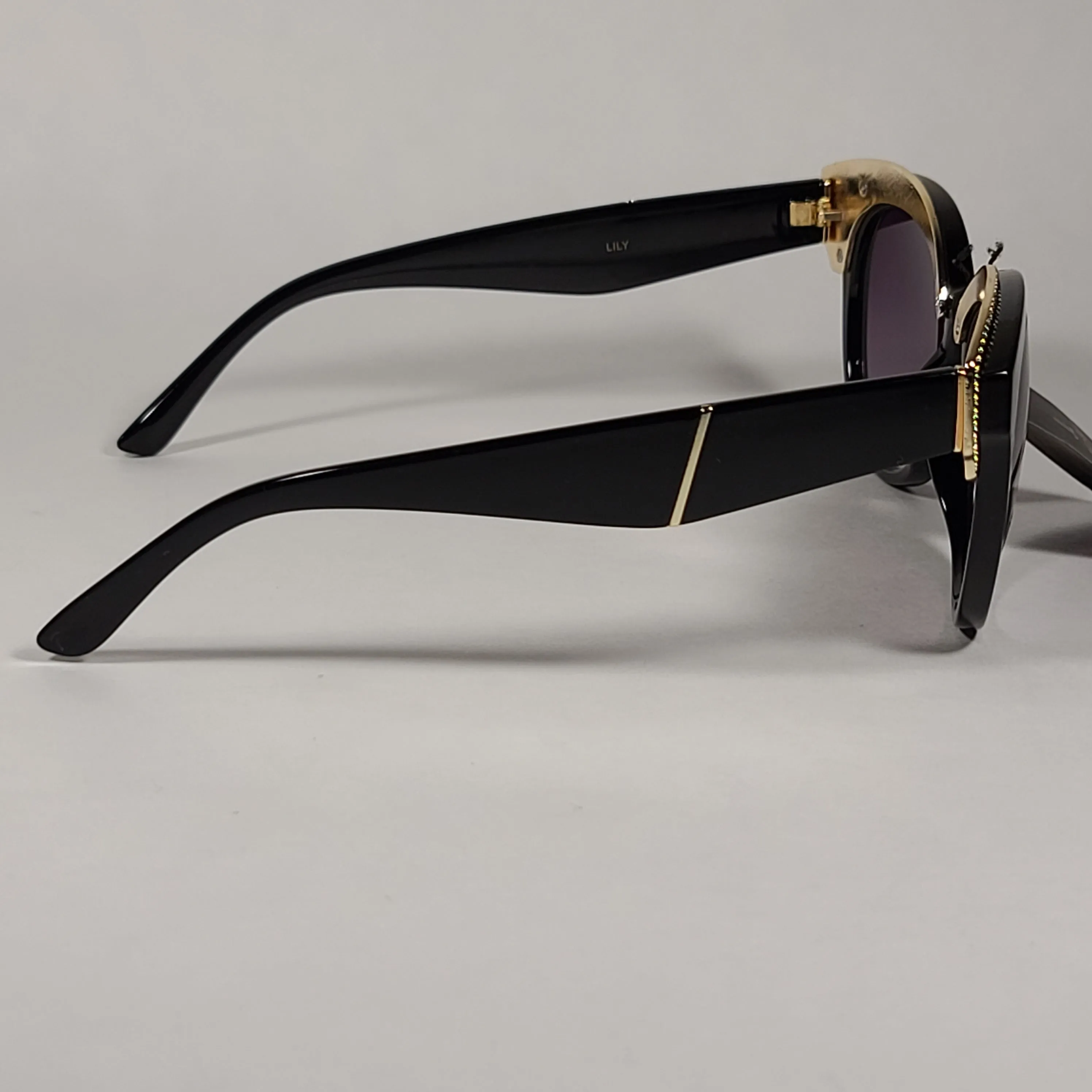JL By Judith Leiber Lily Cat Eye Sunglasses Black Gold Frame Gray Purple Smoke Gradient Lens