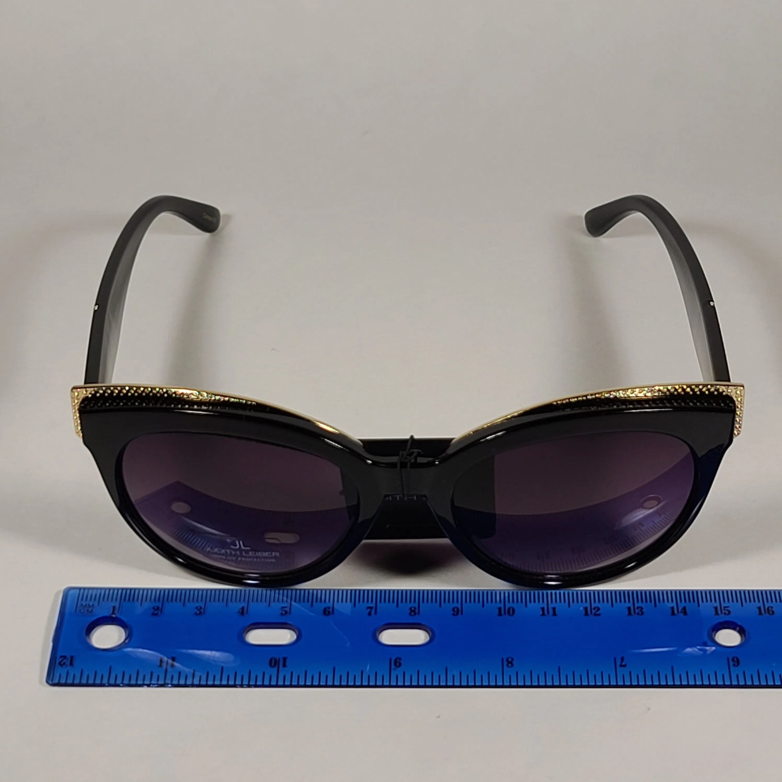 JL By Judith Leiber Lily Cat Eye Sunglasses Black Gold Frame Gray Purple Smoke Gradient Lens