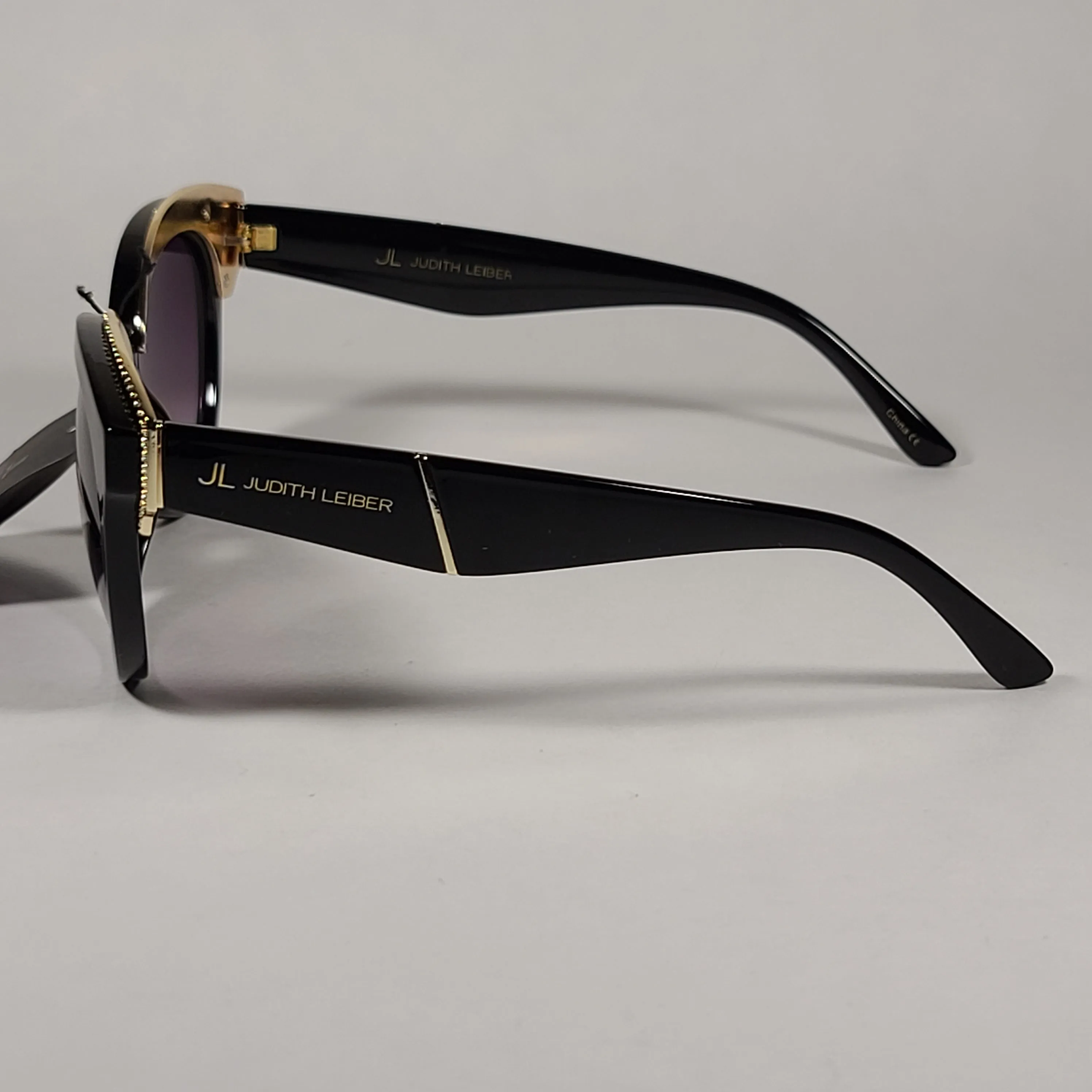 JL By Judith Leiber Lily Cat Eye Sunglasses Black Gold Frame Gray Purple Smoke Gradient Lens