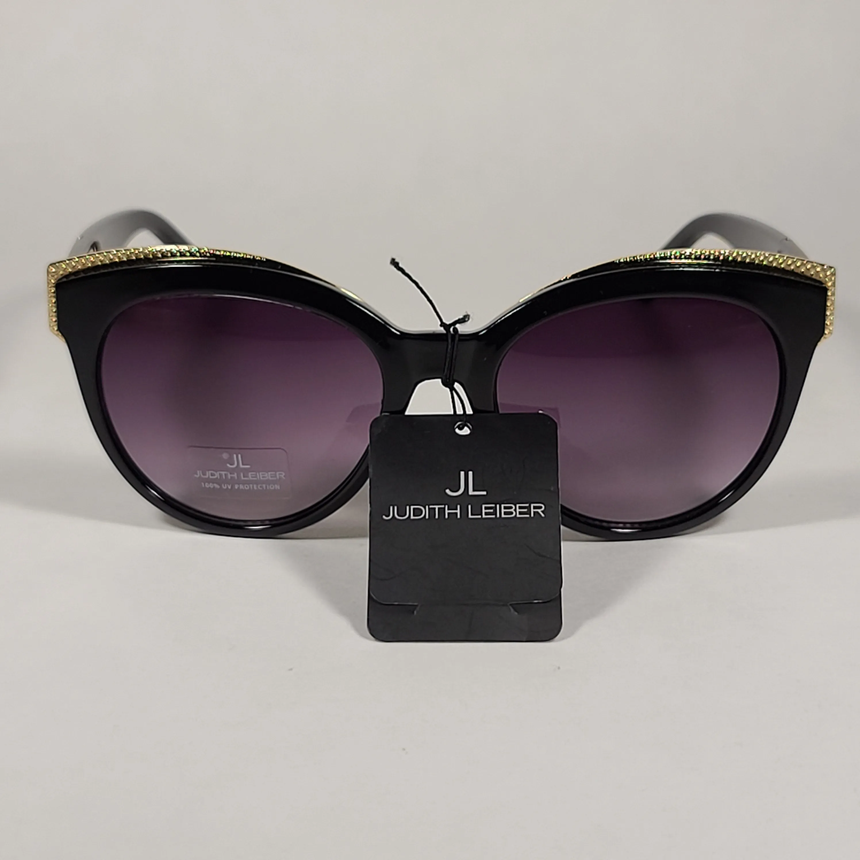 JL By Judith Leiber Lily Cat Eye Sunglasses Black Gold Frame Gray Purple Smoke Gradient Lens