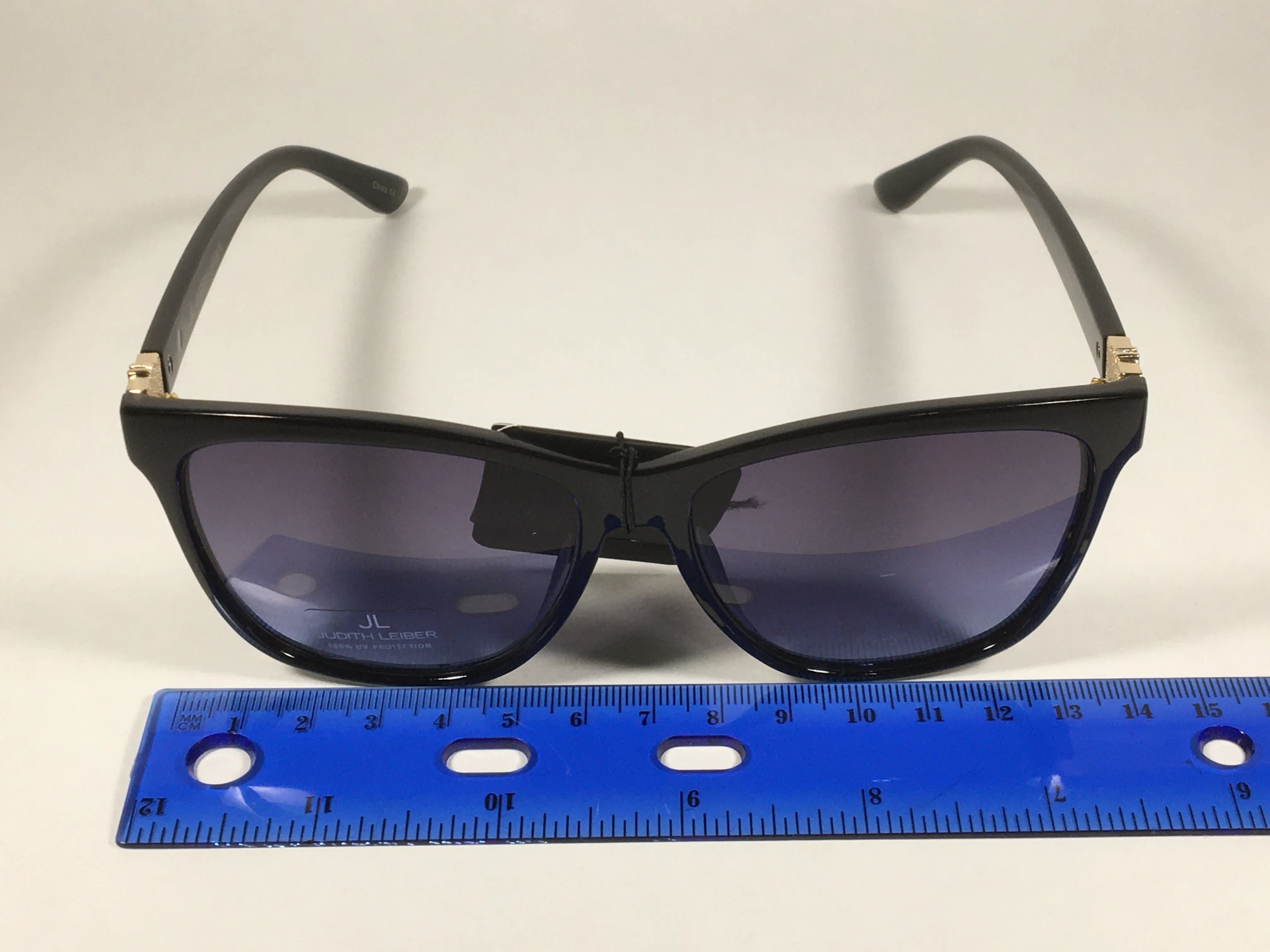 JL By Judith Leiber Peace Square Sunglasses Shiny Black Blue Gray Lens Gold Rhinestone Temples