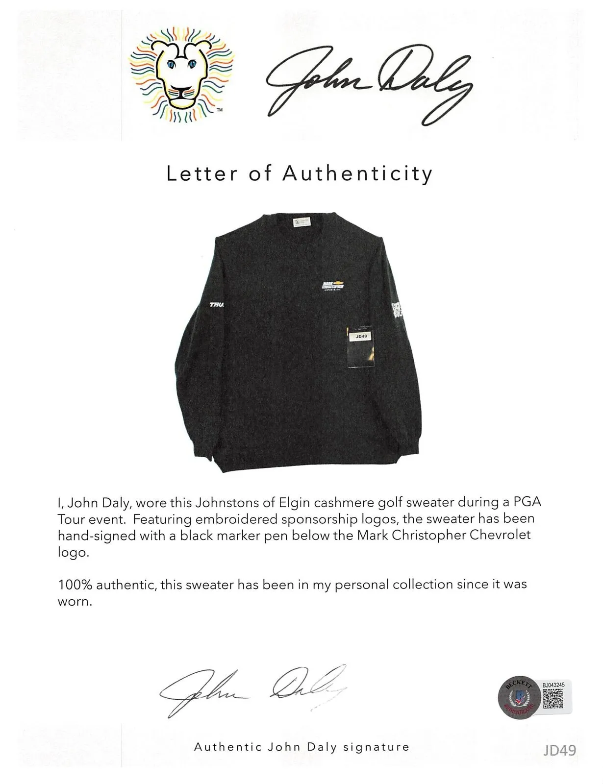 John Daly Signed Match Worn Dark Green Johnstons of Elgin Cashmere Sweater BAS