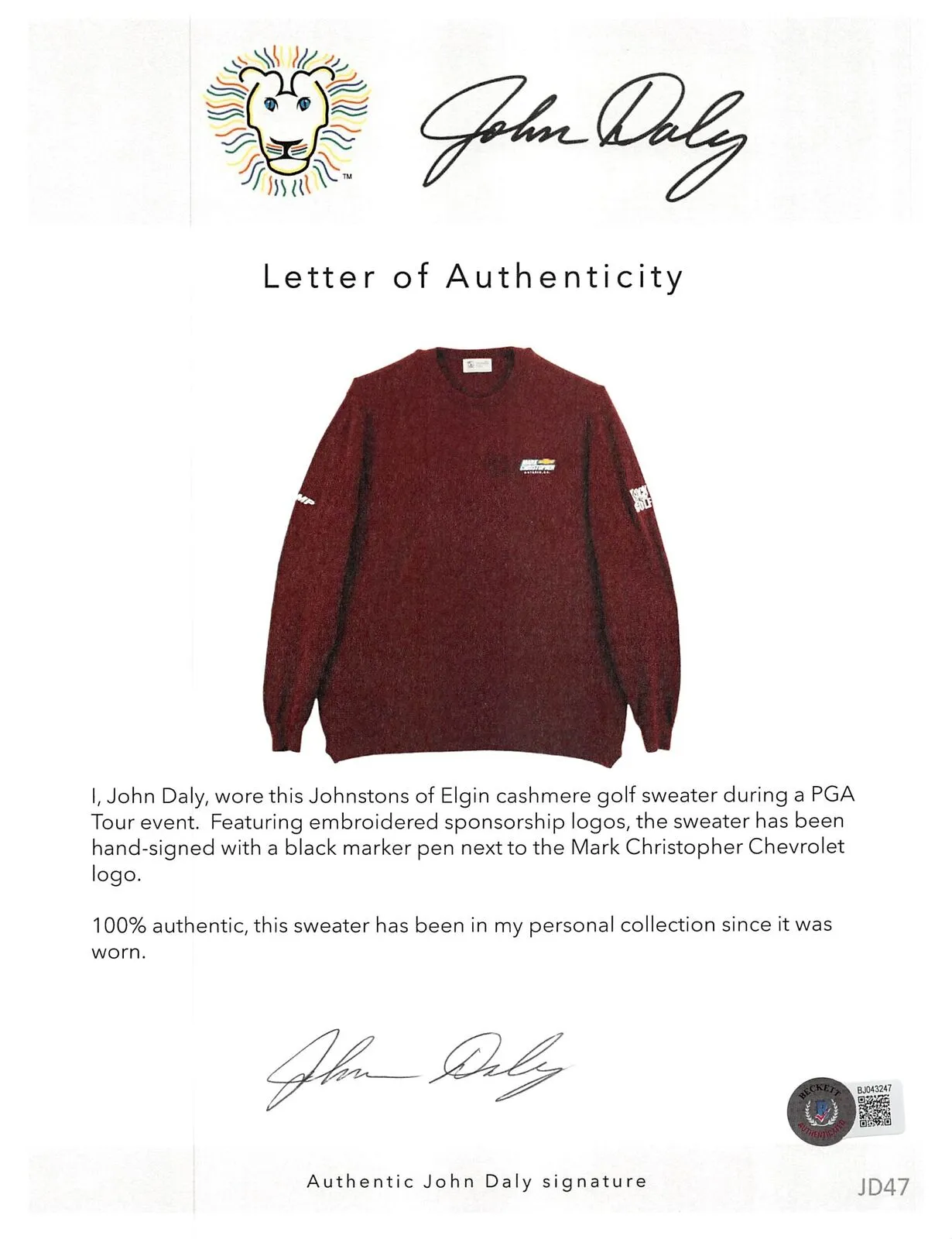 John Daly Signed Match Worn Maroon Johnstons of Elgin Cashmere Sweater BAS