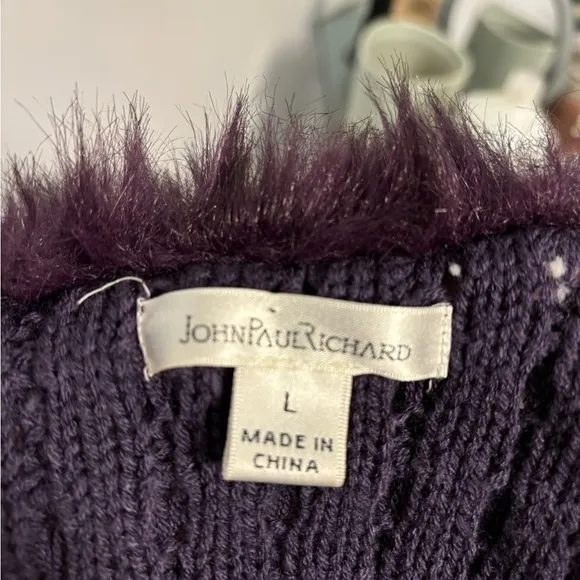 JohnPaulRichard Purple Fur Neck Cable Knit Sweater Vest Sz Large