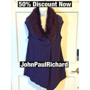 JohnPaulRichard Purple Fur Neck Cable Knit Sweater Vest Sz Large