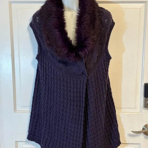 JohnPaulRichard Purple Fur Neck Cable Knit Sweater Vest Sz Large