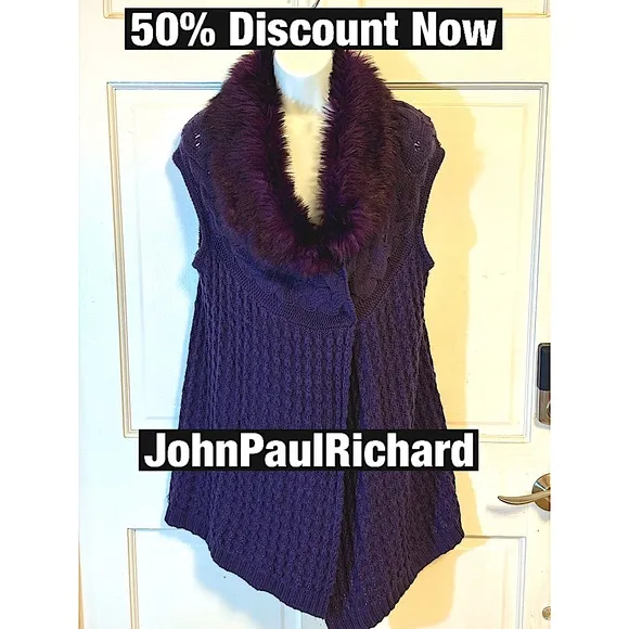 JohnPaulRichard Purple Fur Neck Cable Knit Sweater Vest Sz Large