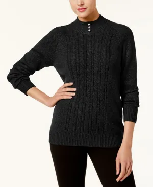 Karen Scott Petite Button Neck Cable Knit Sweater Black Petite Medium