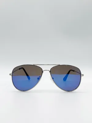 Kids Silver Frame Aviator Sunglasses With Blue Mirrored Lenses