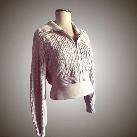 L.A. HEARTS Cropped Cream Cable Knit Zip Up Sweater