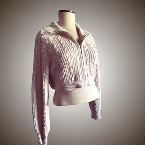 L.A. HEARTS Cropped Cream Cable Knit Zip Up Sweater