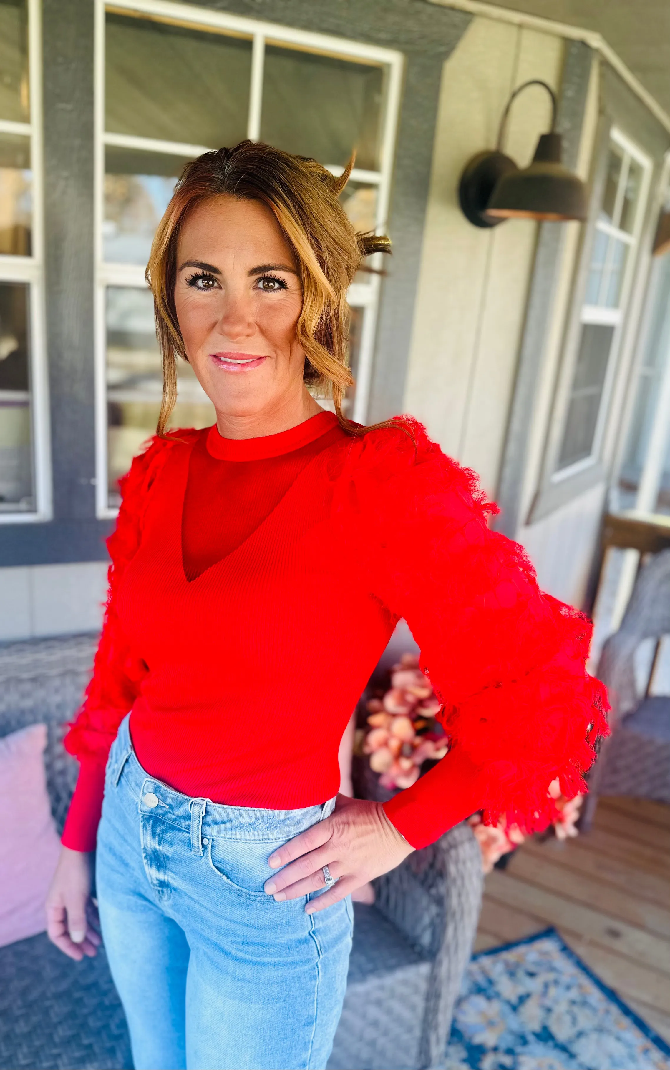 Lace Contrast Red Sweater