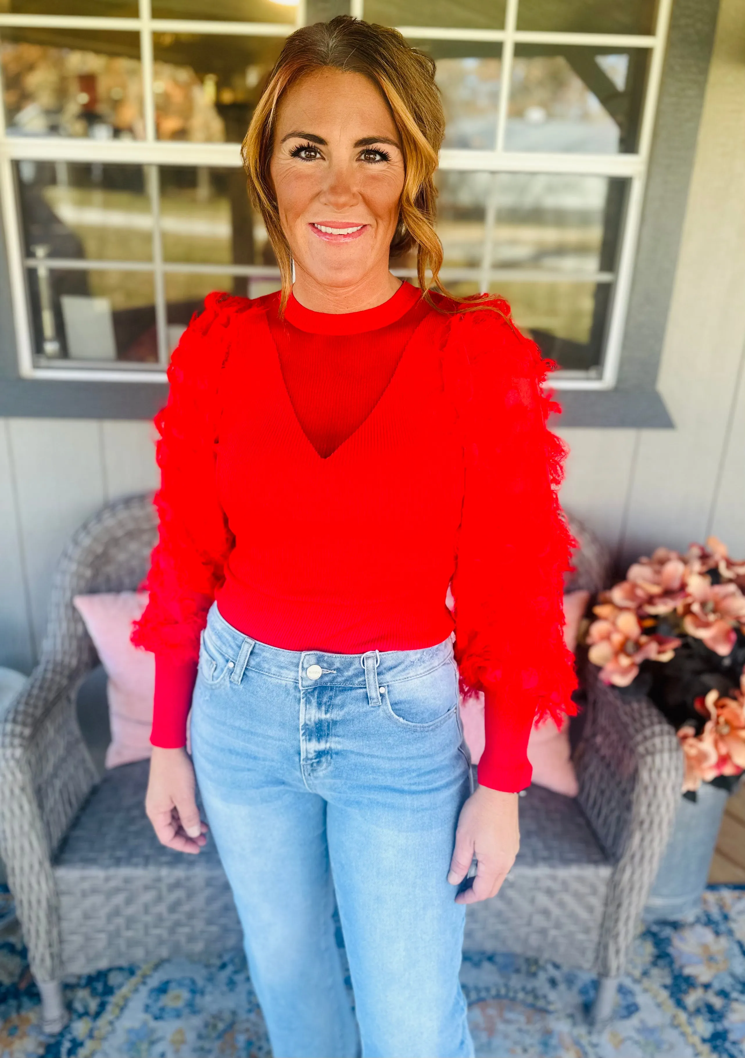Lace Contrast Red Sweater