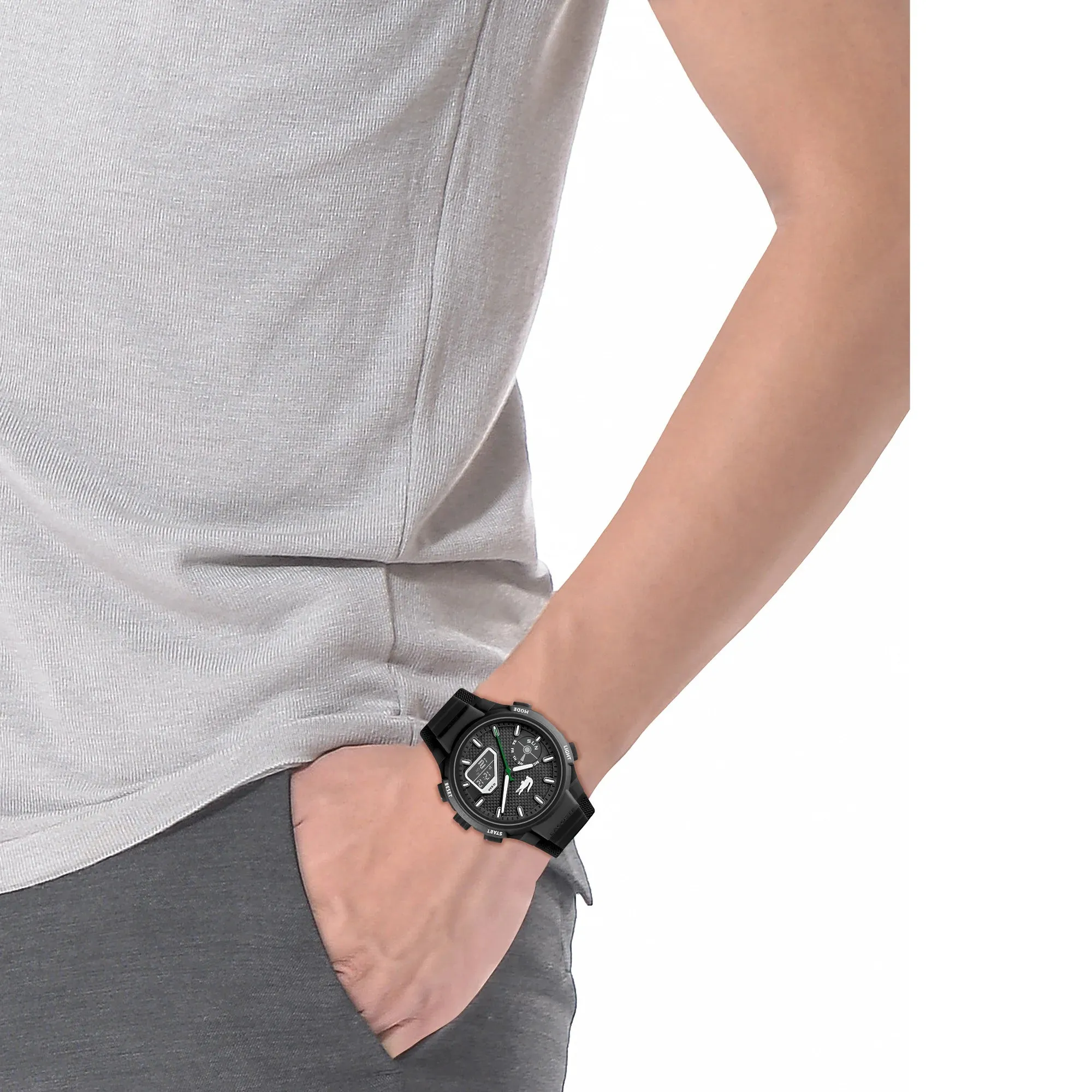 Lacoste LC33 World Time Chrono Light Black Date Dial Silicone Strap Men's Watch