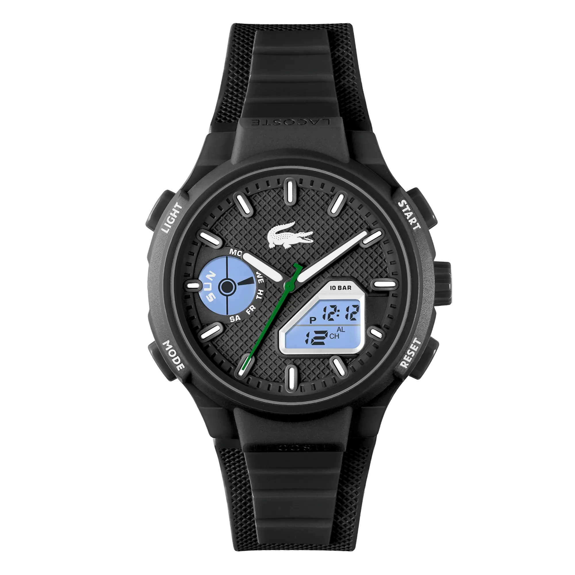 Lacoste LC33 World Time Chrono Light Black Date Dial Silicone Strap Men's Watch